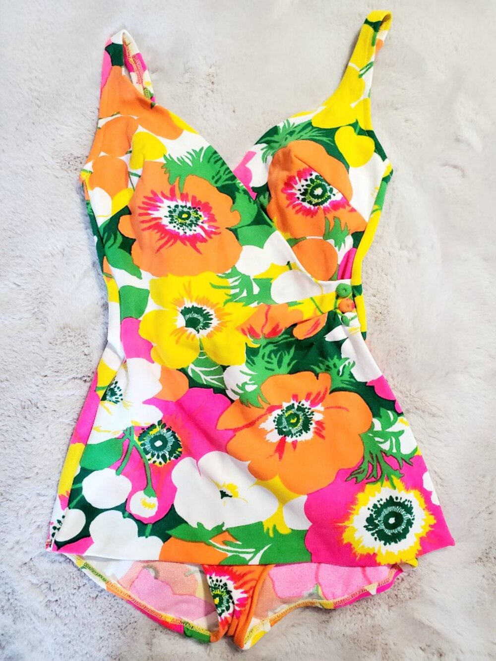 Vintage 70s Mod Floral Swimsuit/Bathing Suit Retro Pin Up Bright Psyc 11/12 - Picture 8 of 16